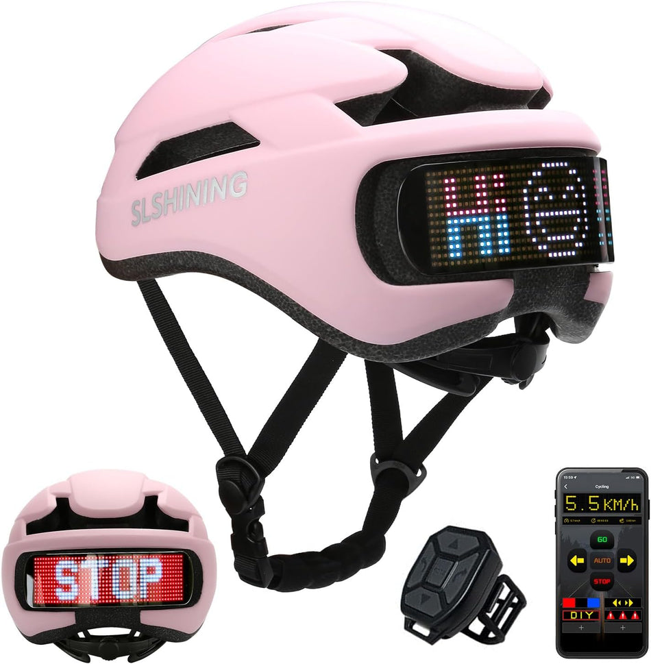 SLSHINING Bike/scooter Helmet Pink, Smart APP LED, with Turn Signals Remote Control.